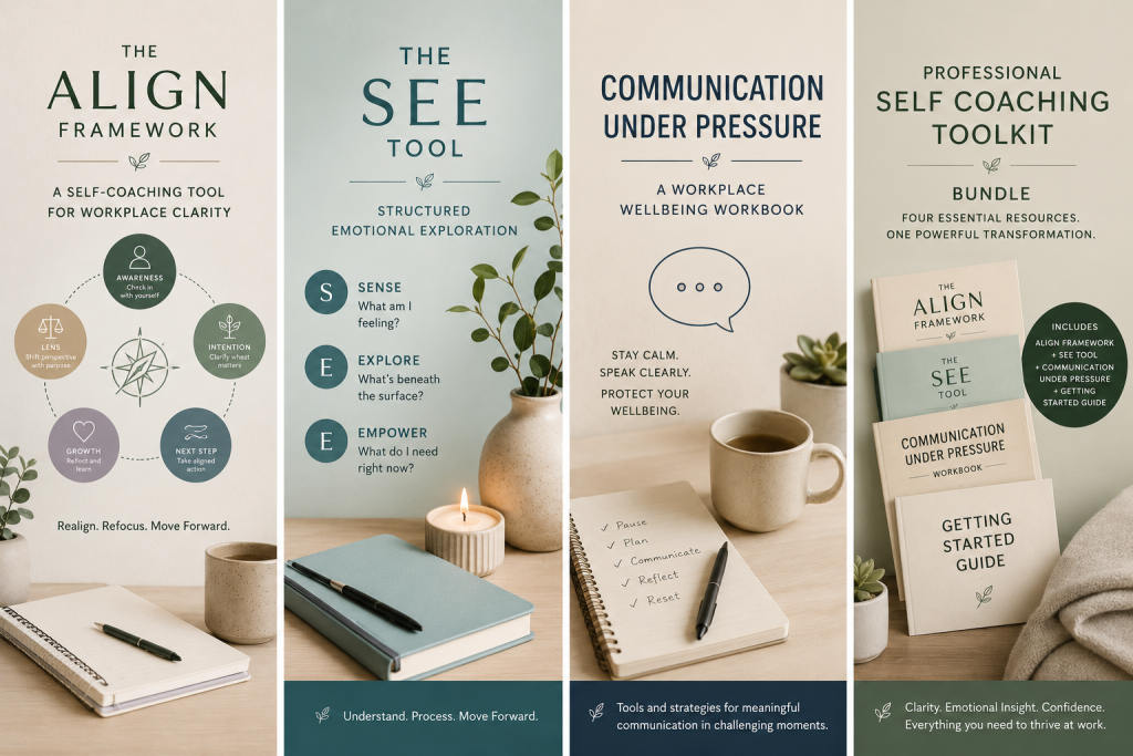 Complete workplace wellbeing PDF toolkit — four self-coaching resources by BACP-registered counsellor James Saunders including ALIGN Framework, SEE Tool and Communication Under Pressure workbook